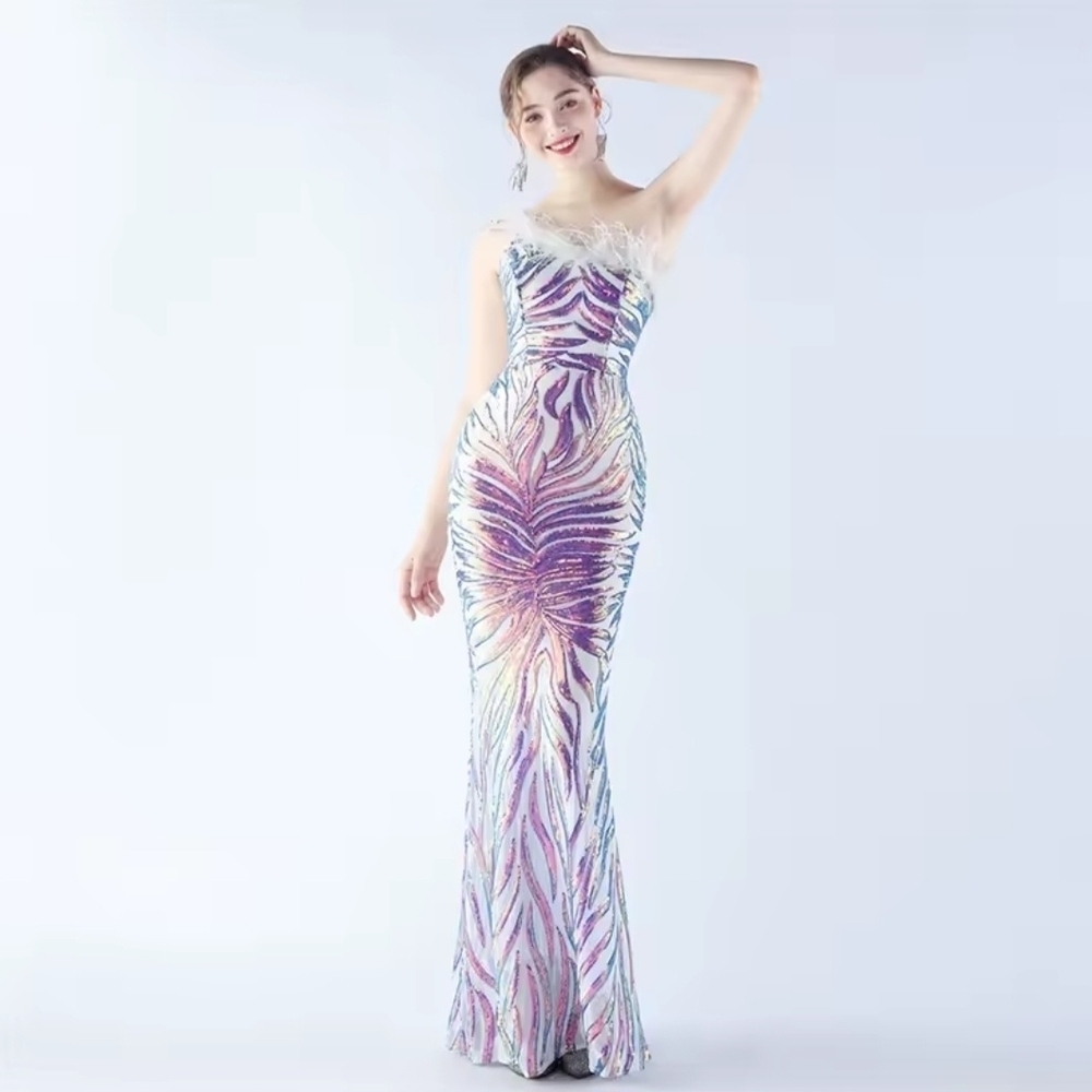 Blue and White Sequin Embellished Sleeveless Gown